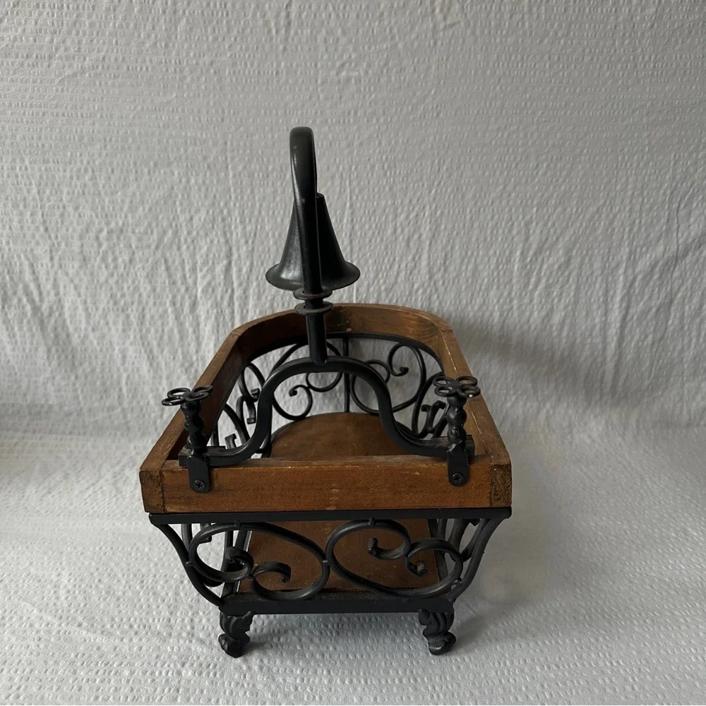 Vintage Wrought Iron & Wood Bathtub Planter Holder Caddy Rustic Farmhouse Decor